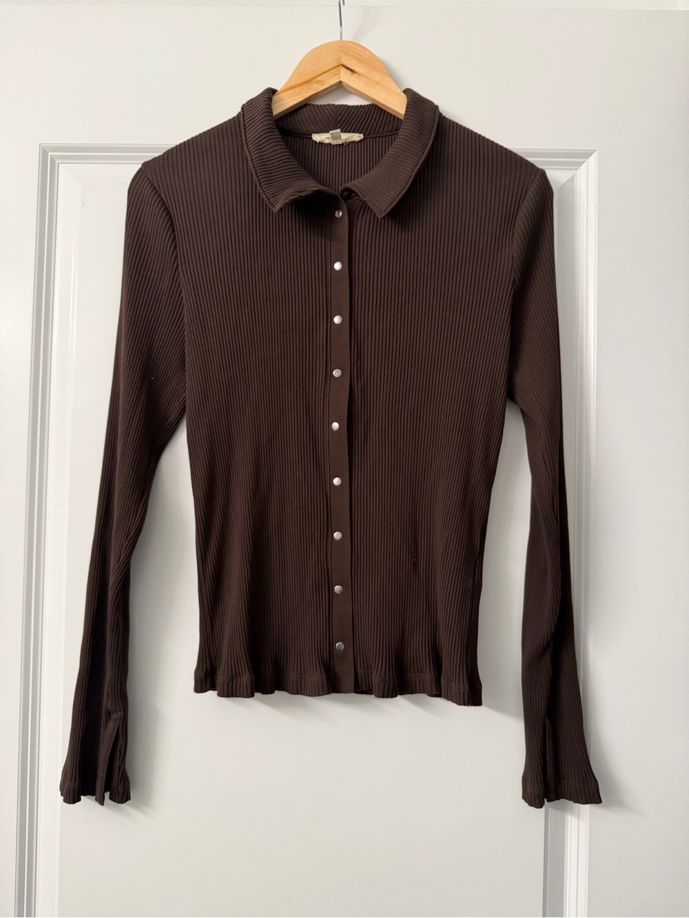 Madewell Women’s Medium Brown Ribbed Snap-Front Polo Long Sleeve